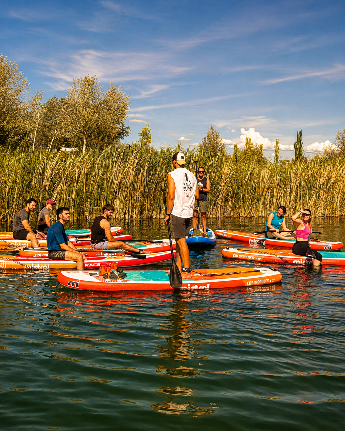 Alumnos practicando paddle surf con material premium incluido en Zaragoza.