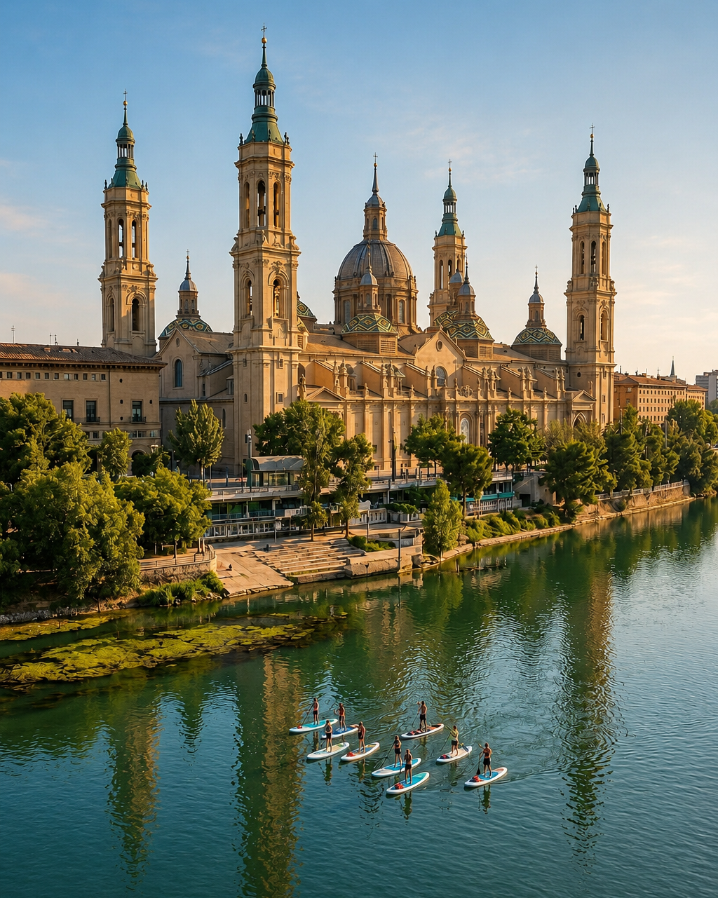 Grupo de paddle surf frente a la Basilica del Pilar en Zaragoza.